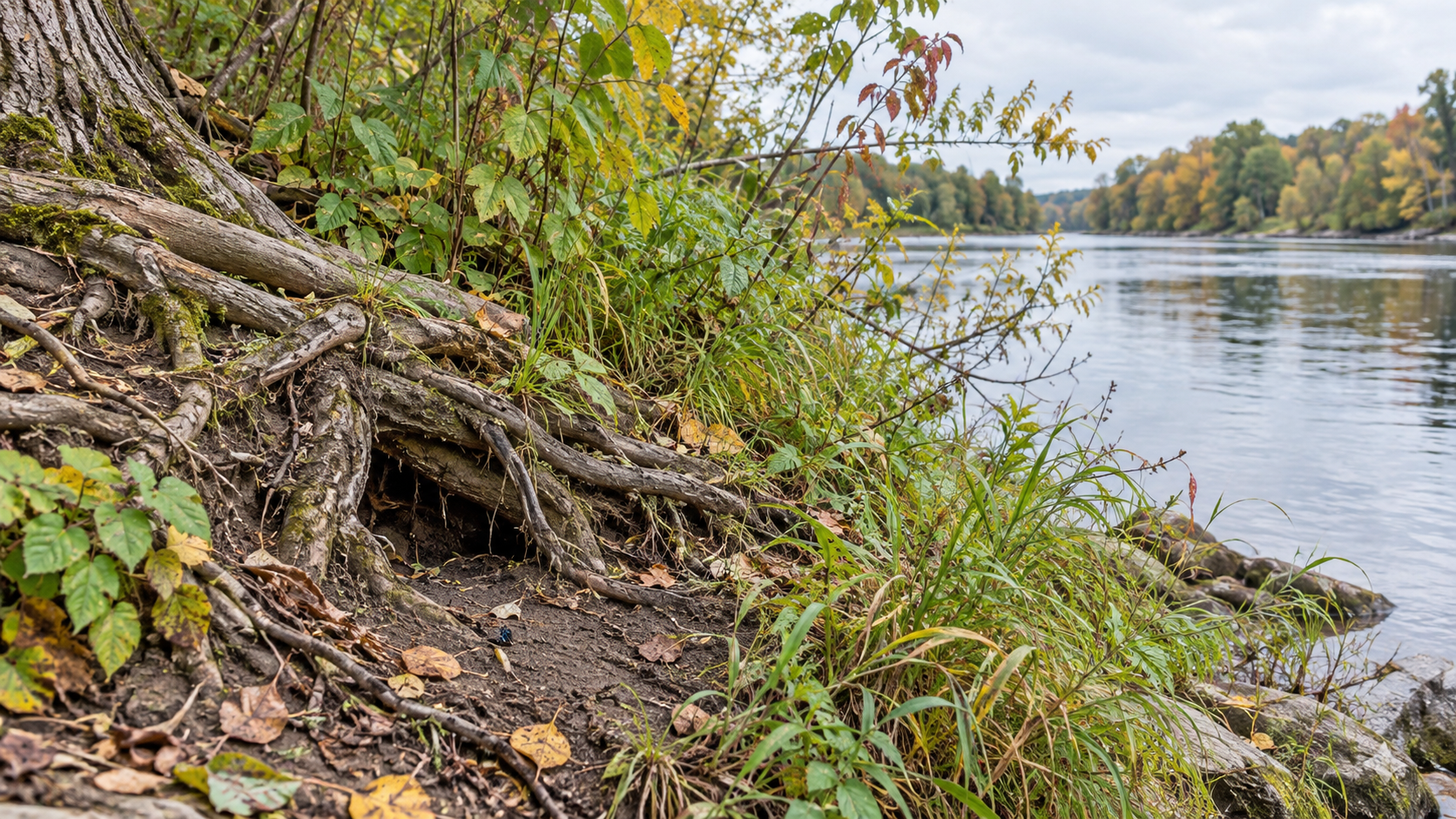 Autumn riverbank roots and calm water-1