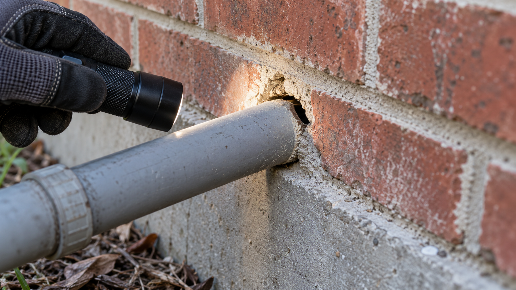 Flashlight Reveals Pipe Gap in Brick Wall-2