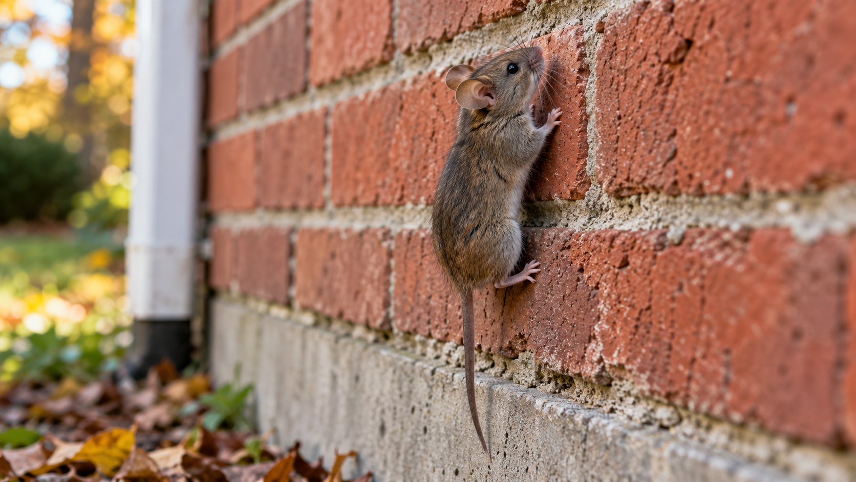 House mouse climbing a red brick wall-1