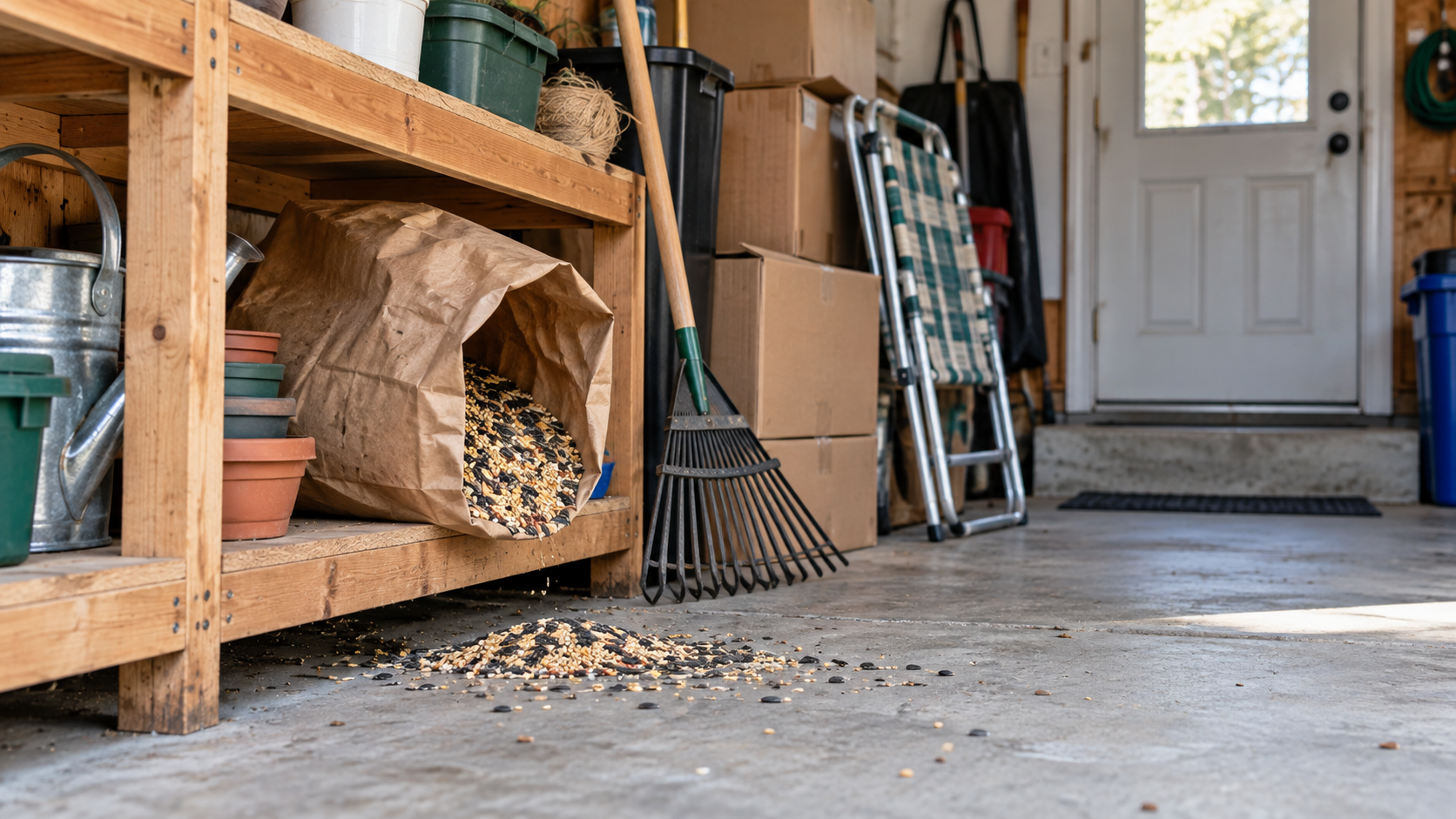 Spilled bird seed amid garage clutter-3