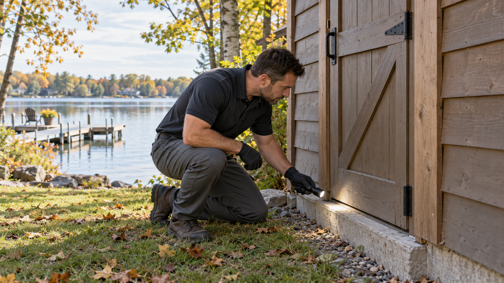 Technician inspects waterfront shed threshold-3