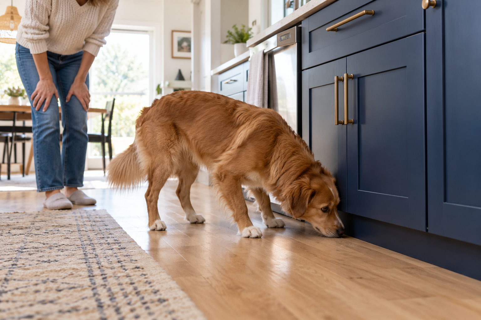 dog-detecting-mouse-activity-kitchen
