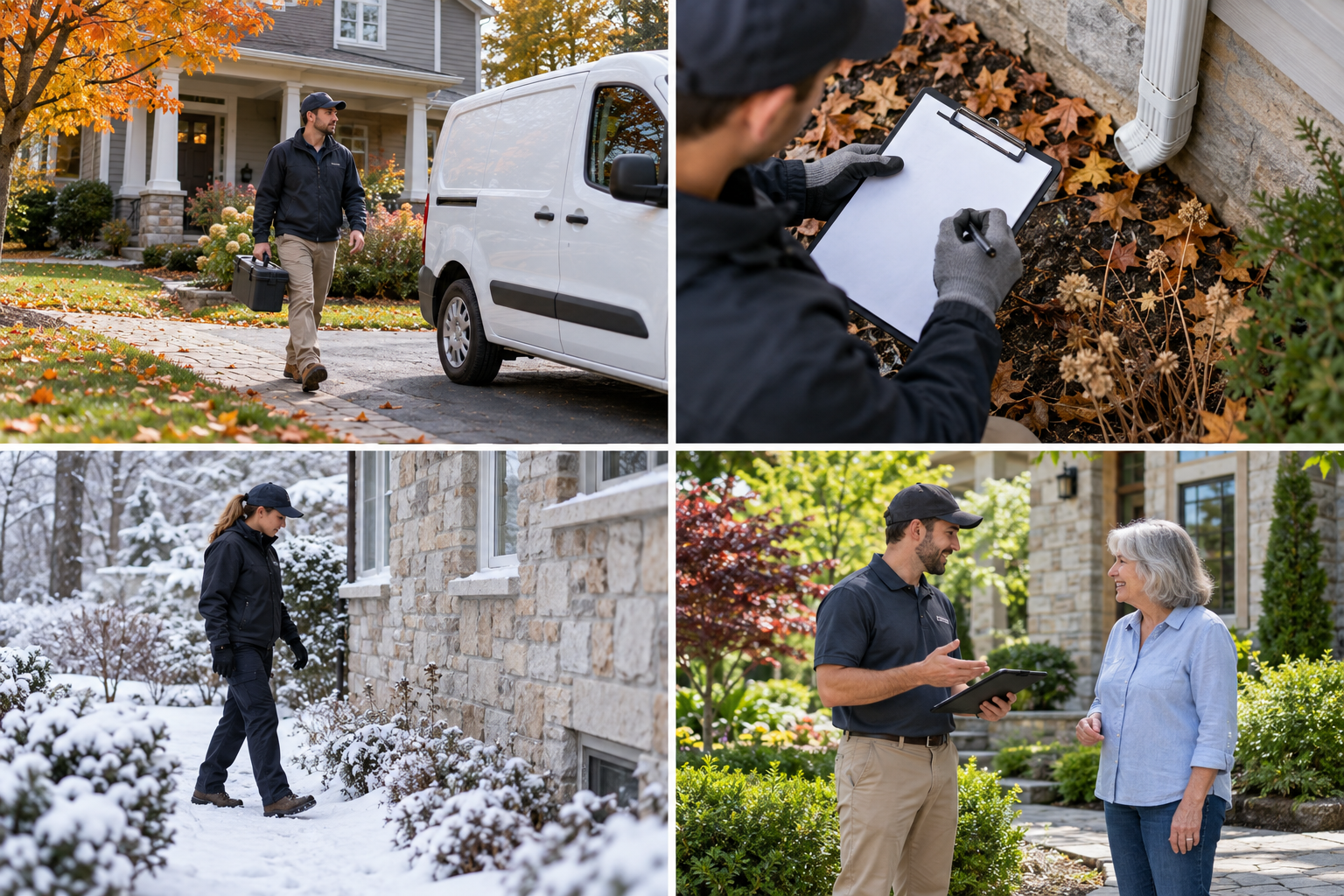Four scenes show arrival, inspection, winter monitoring and a spring homeowner follow-up