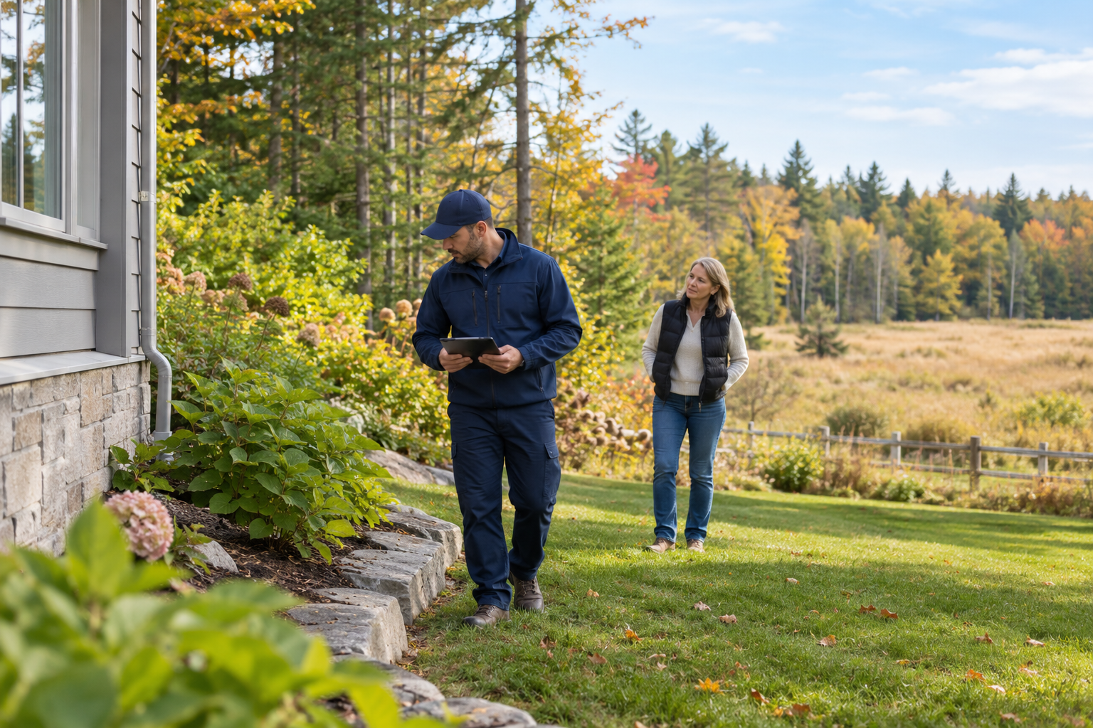 A pest-control professional assesses an Ottawa-area rural property bordering mature trees and open land