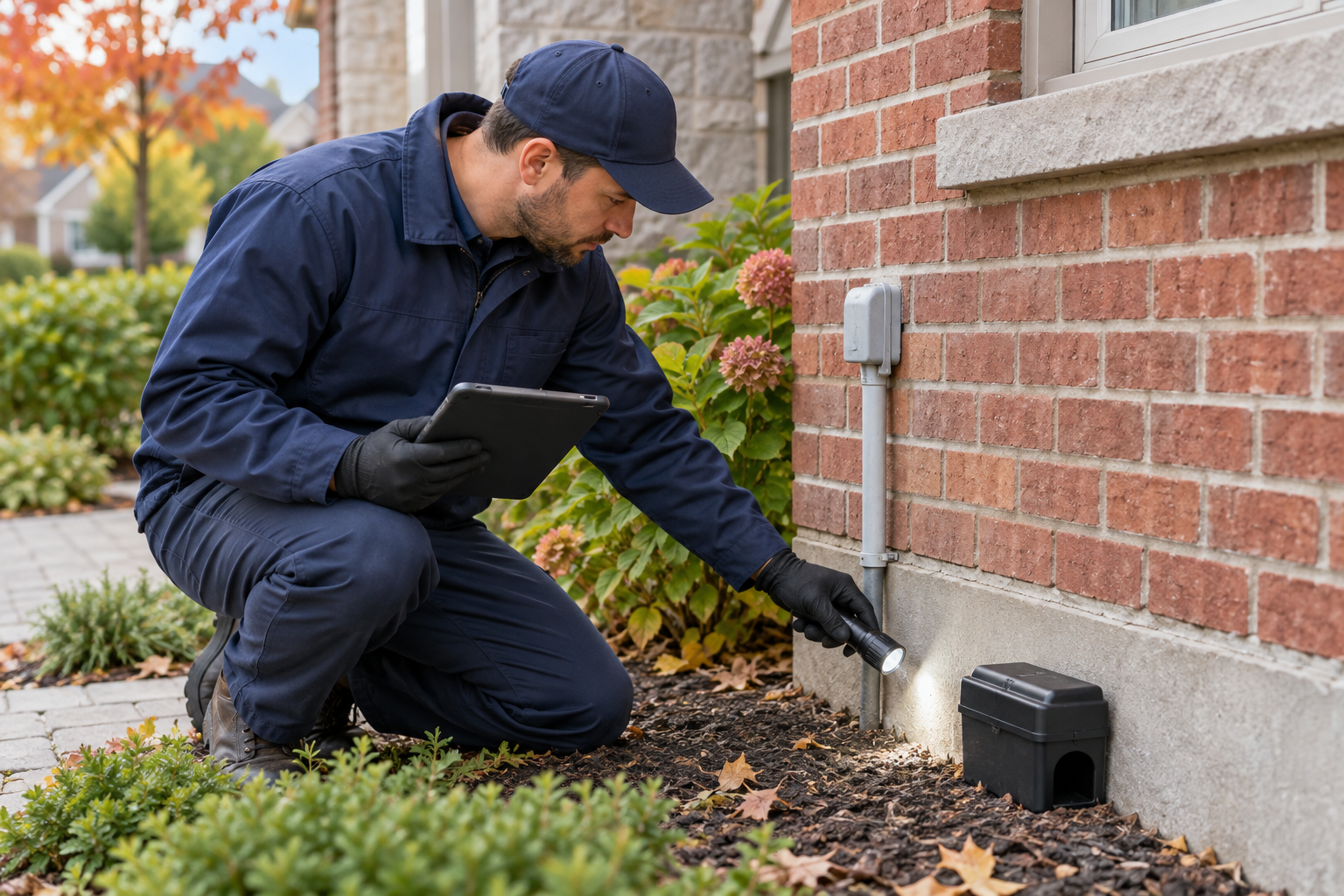 A pest-control technician carefully inspects a home's foundation and documents the findings beside a secured exterior rodent station