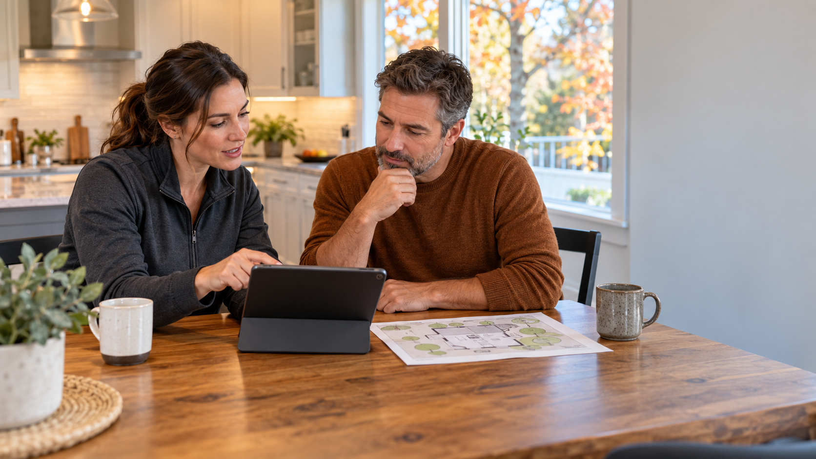 A pest-control advisor reviews a rodent-protection service plan with an Ottawa homeowner at a kitchen table