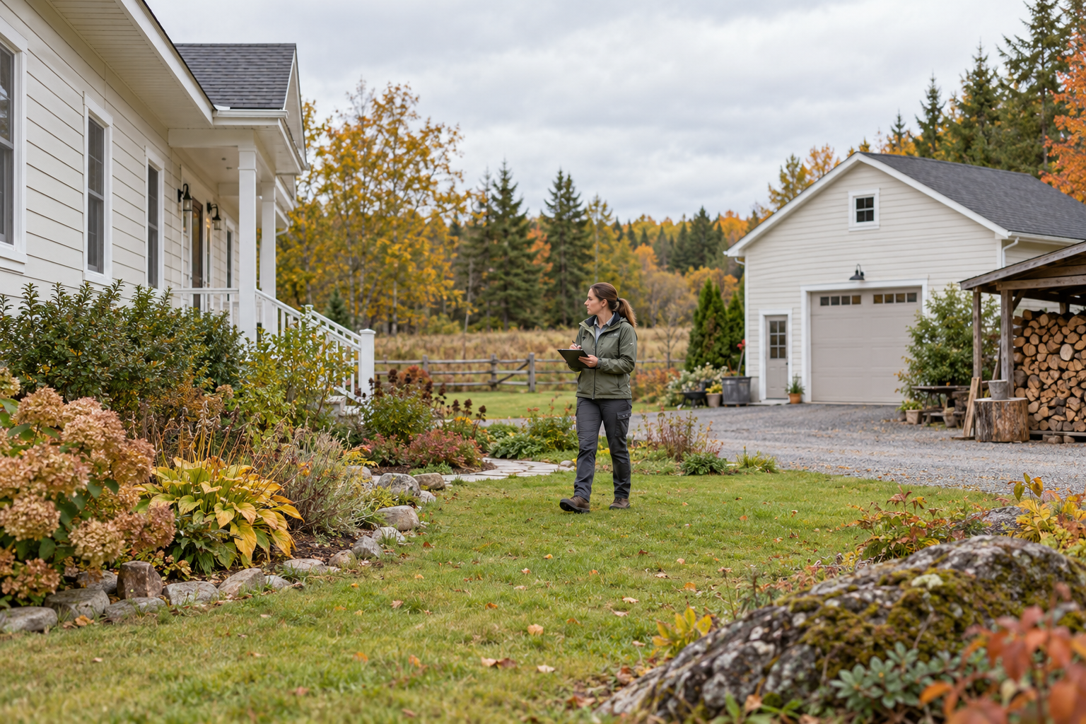 A pest-control technician assesses a semi-rural Ottawa-area property with a detached garage and outbuilding