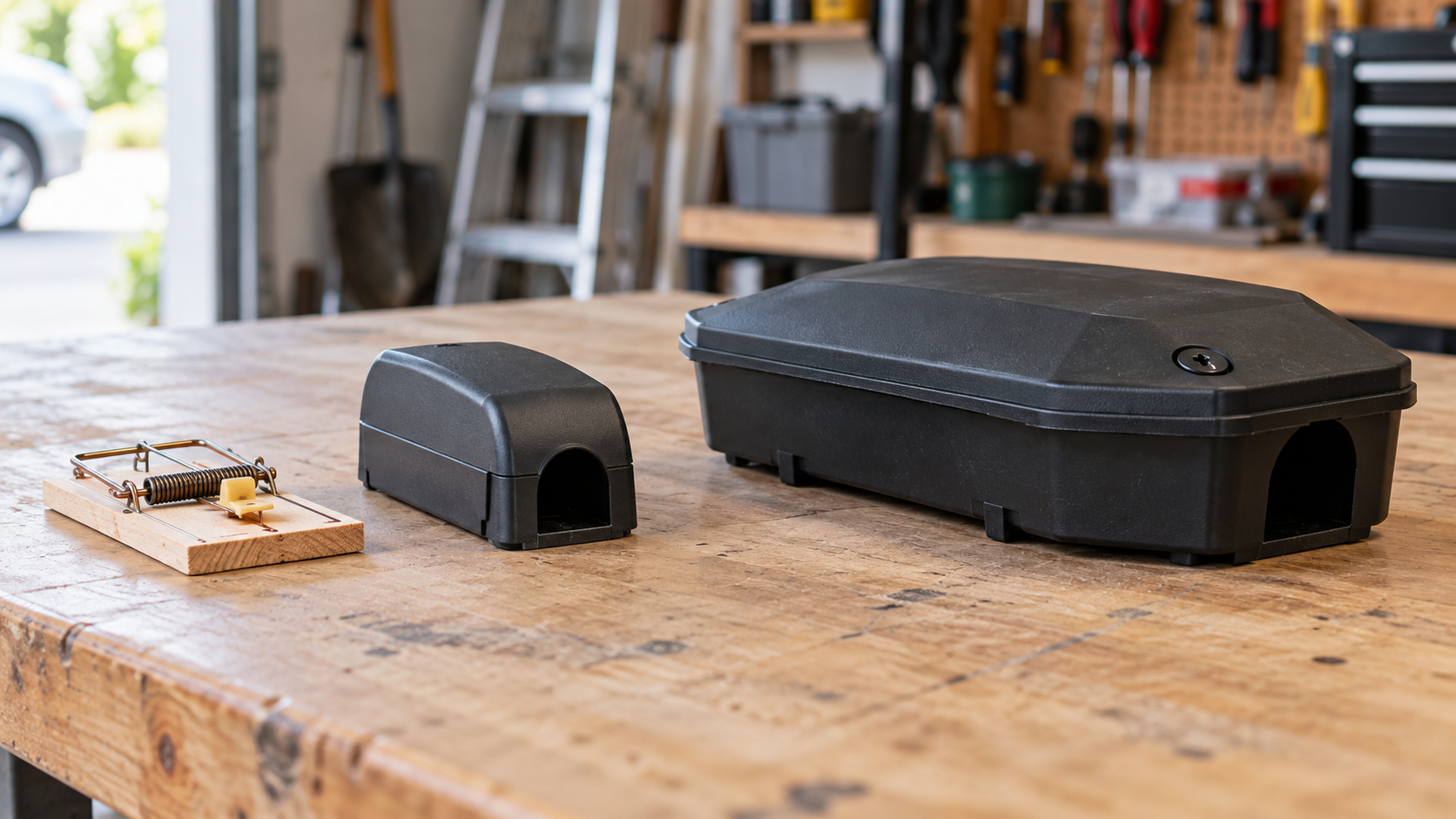 Wooden snap trap, enclosed mouse trap and exterior bait station on a workbench.