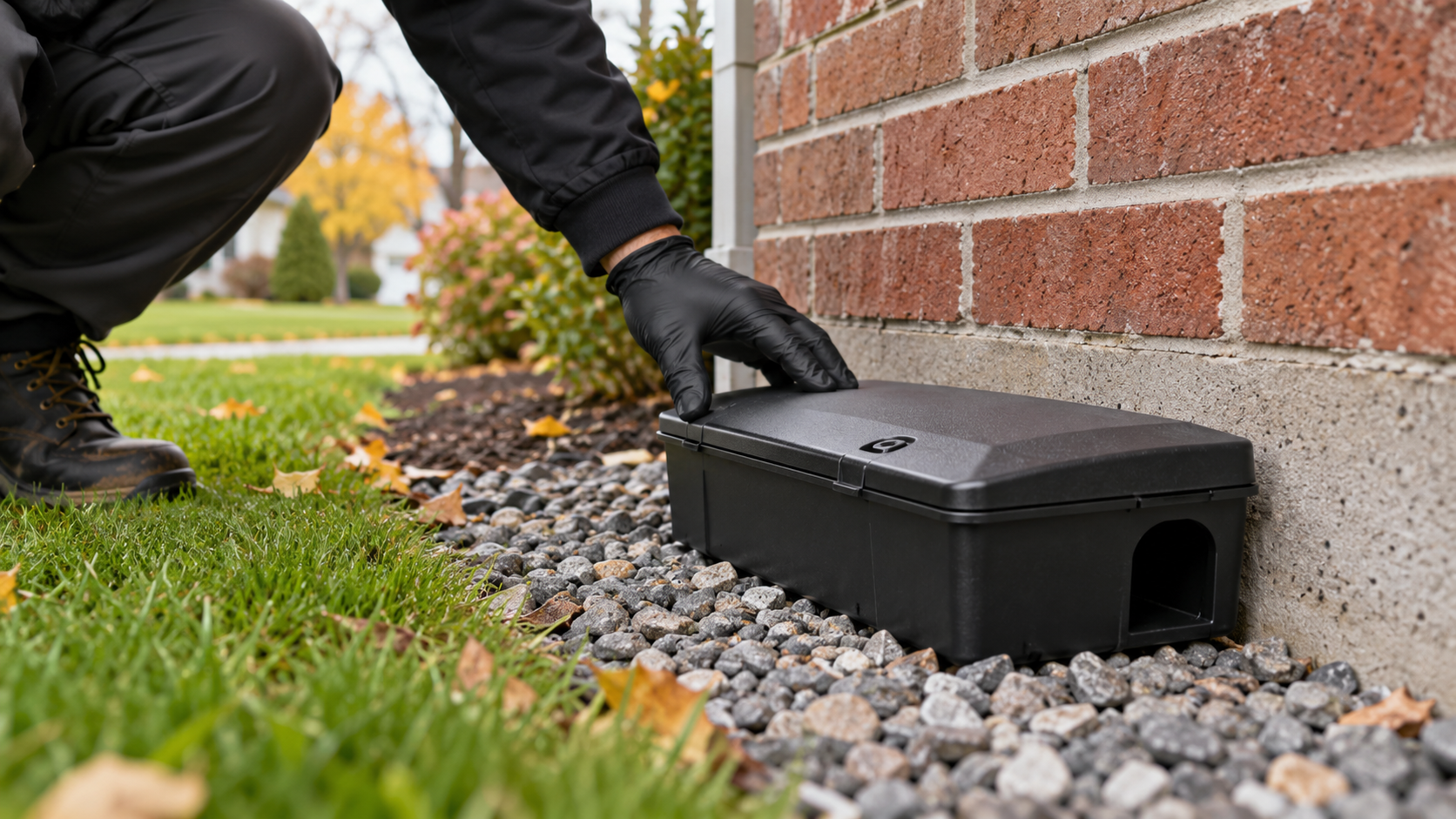 Gloved technician checking a closed rodent bait station beside a brick foundation.