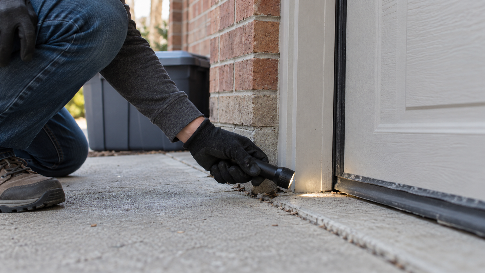 Homeowner using a flashlight to inspect a gap beneath garage door weather stripping.