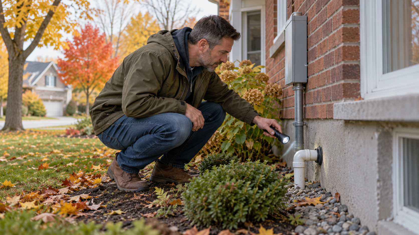 Homeowner using a flashlight to inspect a pipe opening near the foundation in fall.