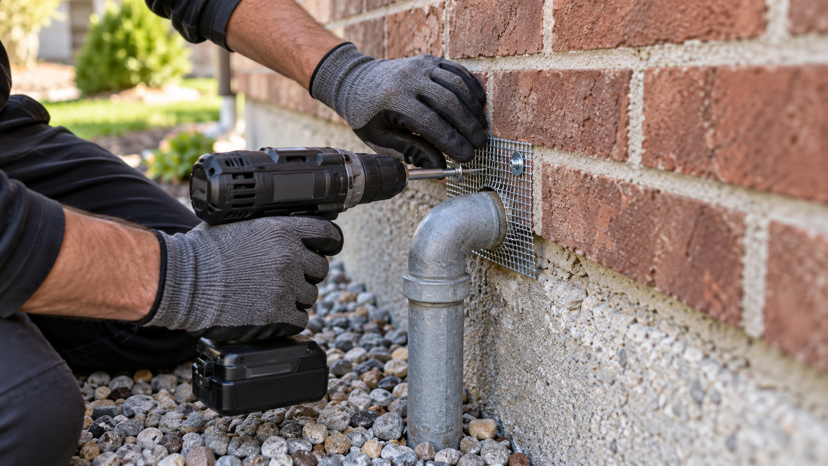 Technician securing metal mesh around a pipe opening to help prevent rodent entry.