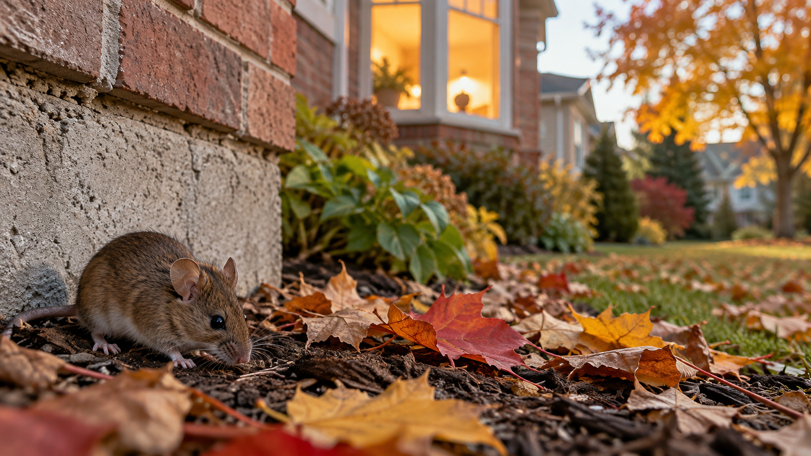 Mouse among fallen maple leaves beside a home's foundation.