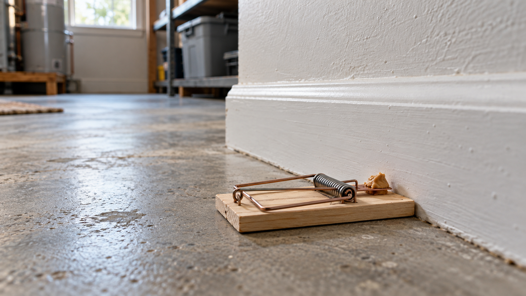 Mouse snap trap positioned beside a baseboard in a utility room.
