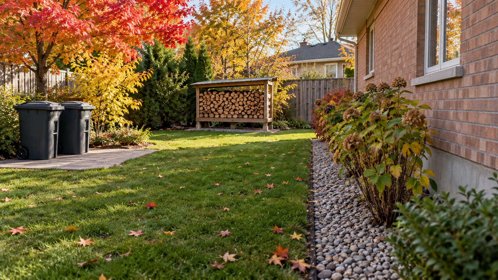 Autumn backyard with closed garbage bins and raised firewood storage away from the house.