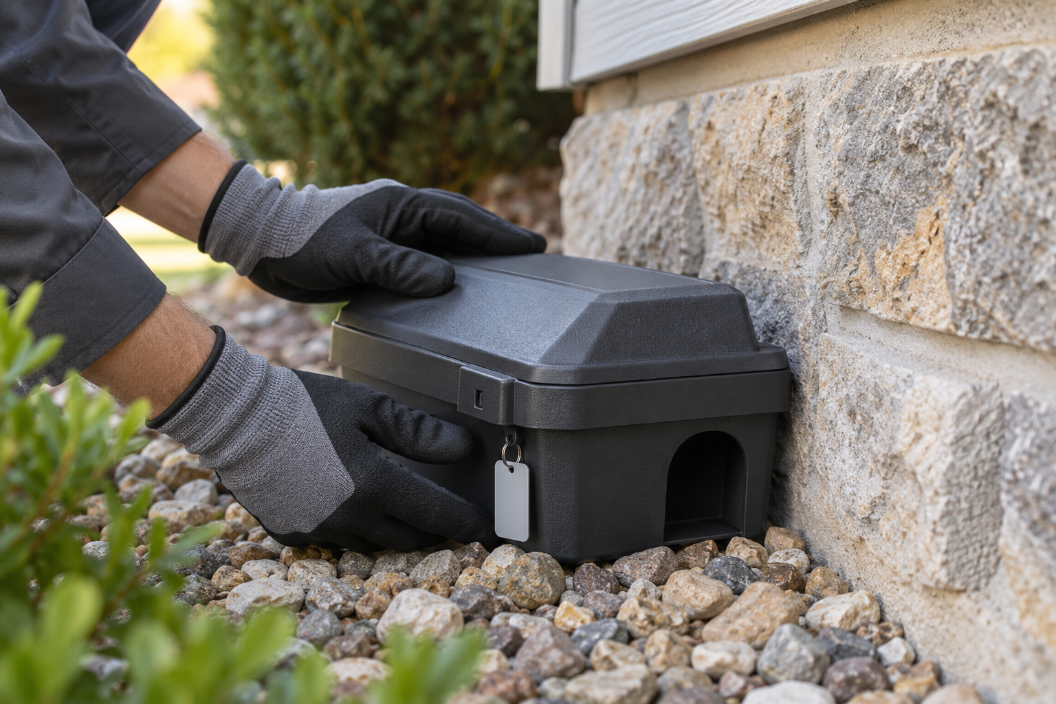 Gloved hands position a secured exterior rodent station beside a stone foundation