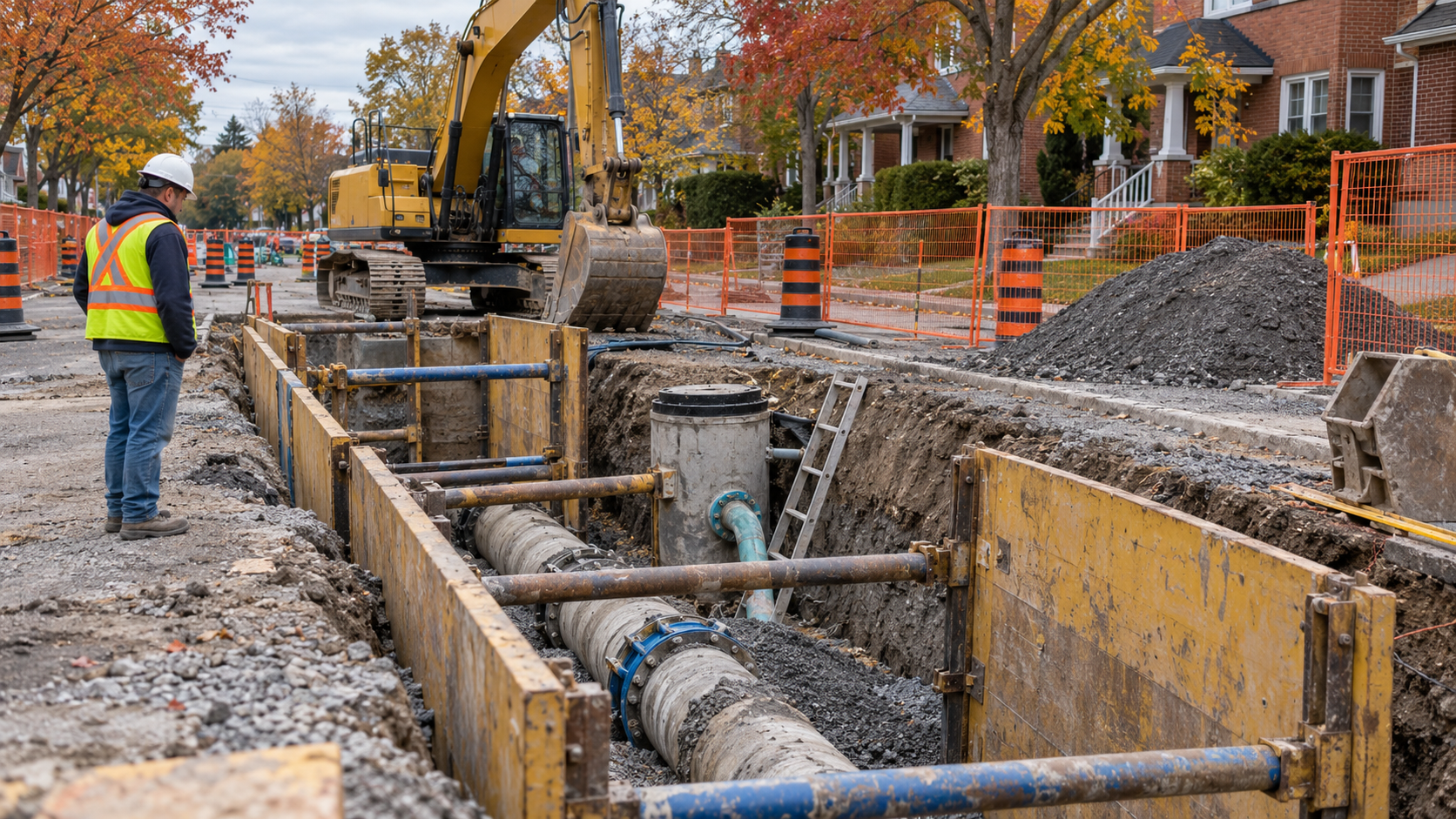 Worker beside an excavated residential street with exposed underground pipes.