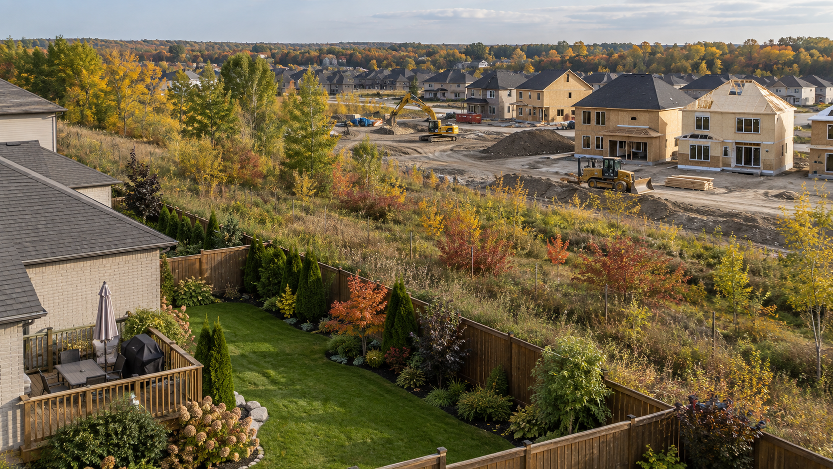 New housing construction beside an established backyard and brush-covered land.